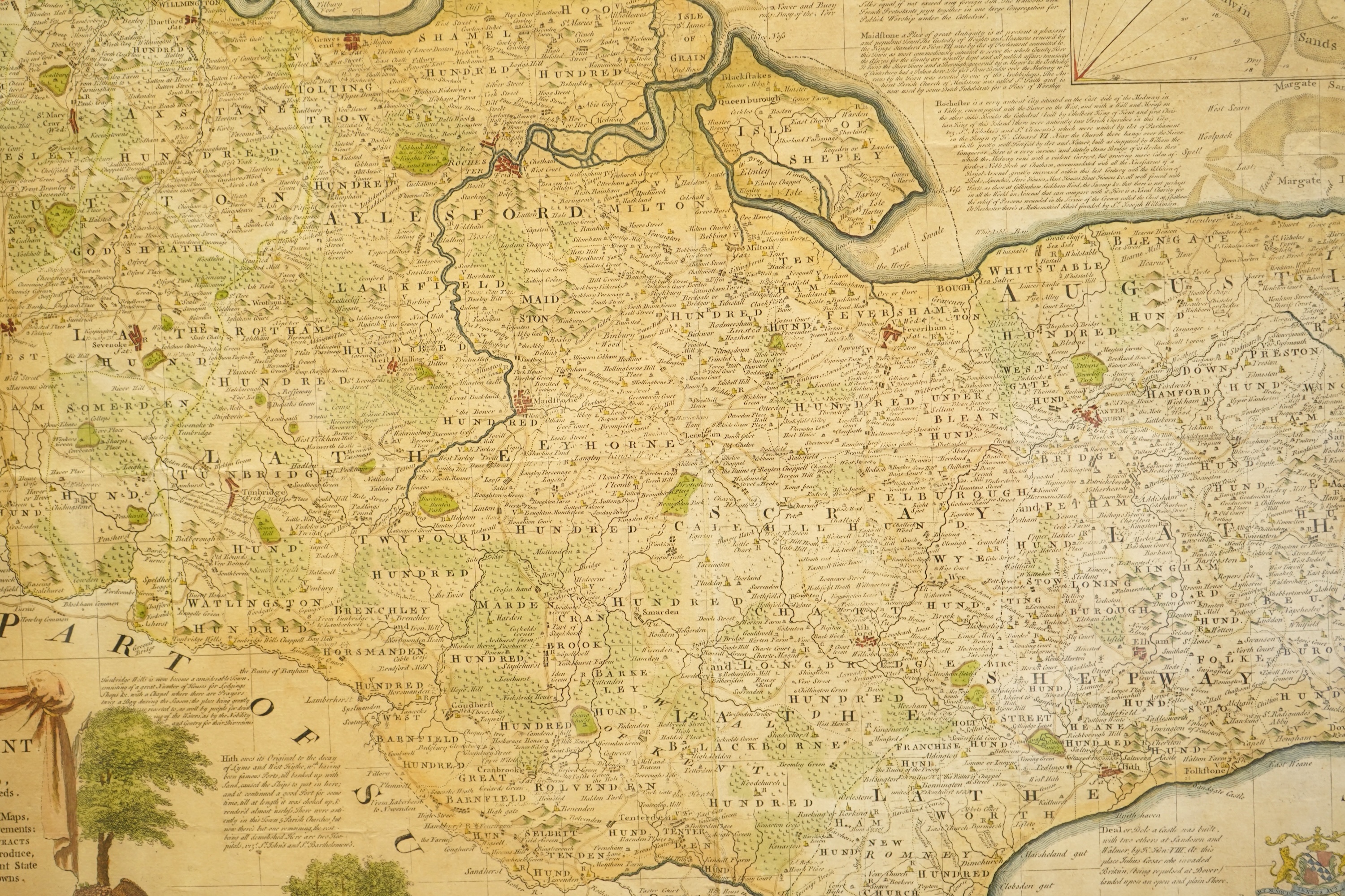 Emanuel Bowen (1694-1767), 'An accurate map of the County of Kent, divided into its lathes', hand coloured engraved map, printed for Laurie & Whittle, London, together with Robert Morden (c. 1650-1703), The County Palati